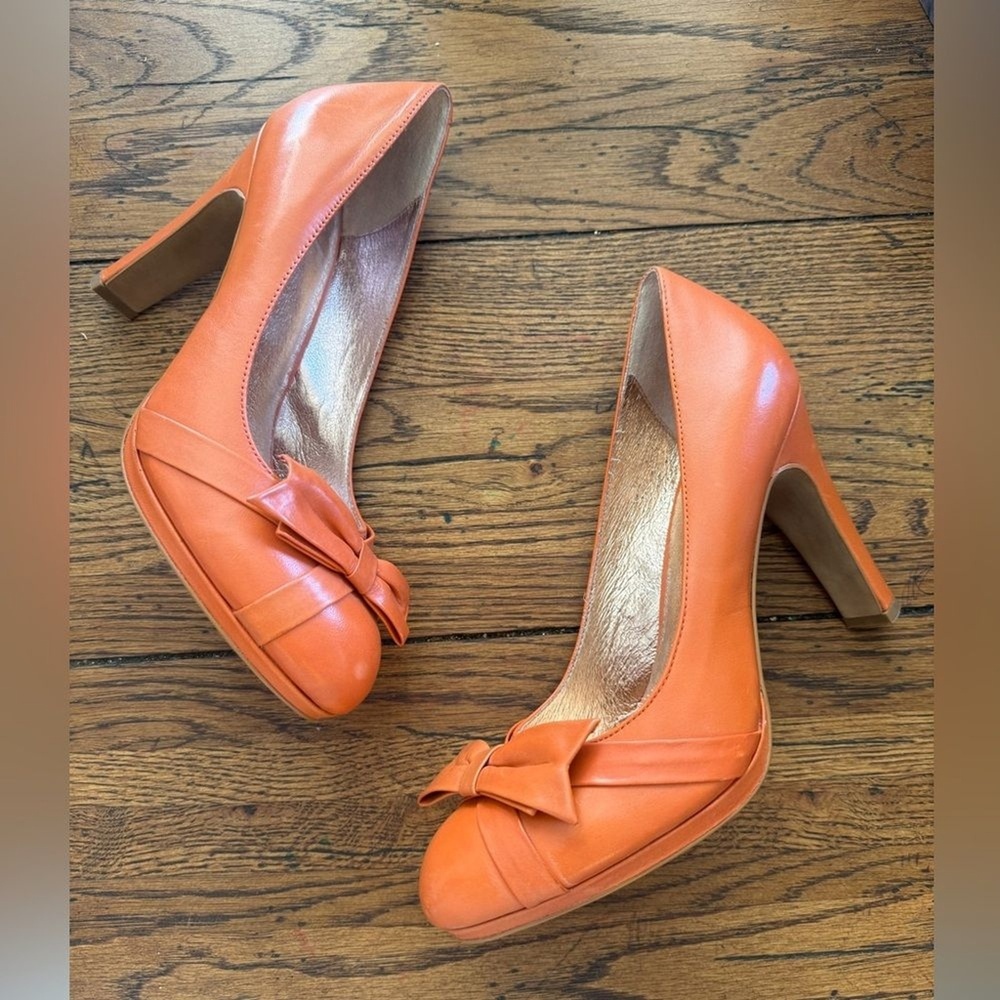Miss Albright Anthropologie Heels Orange Pumps Leather with Bow Accent on toe